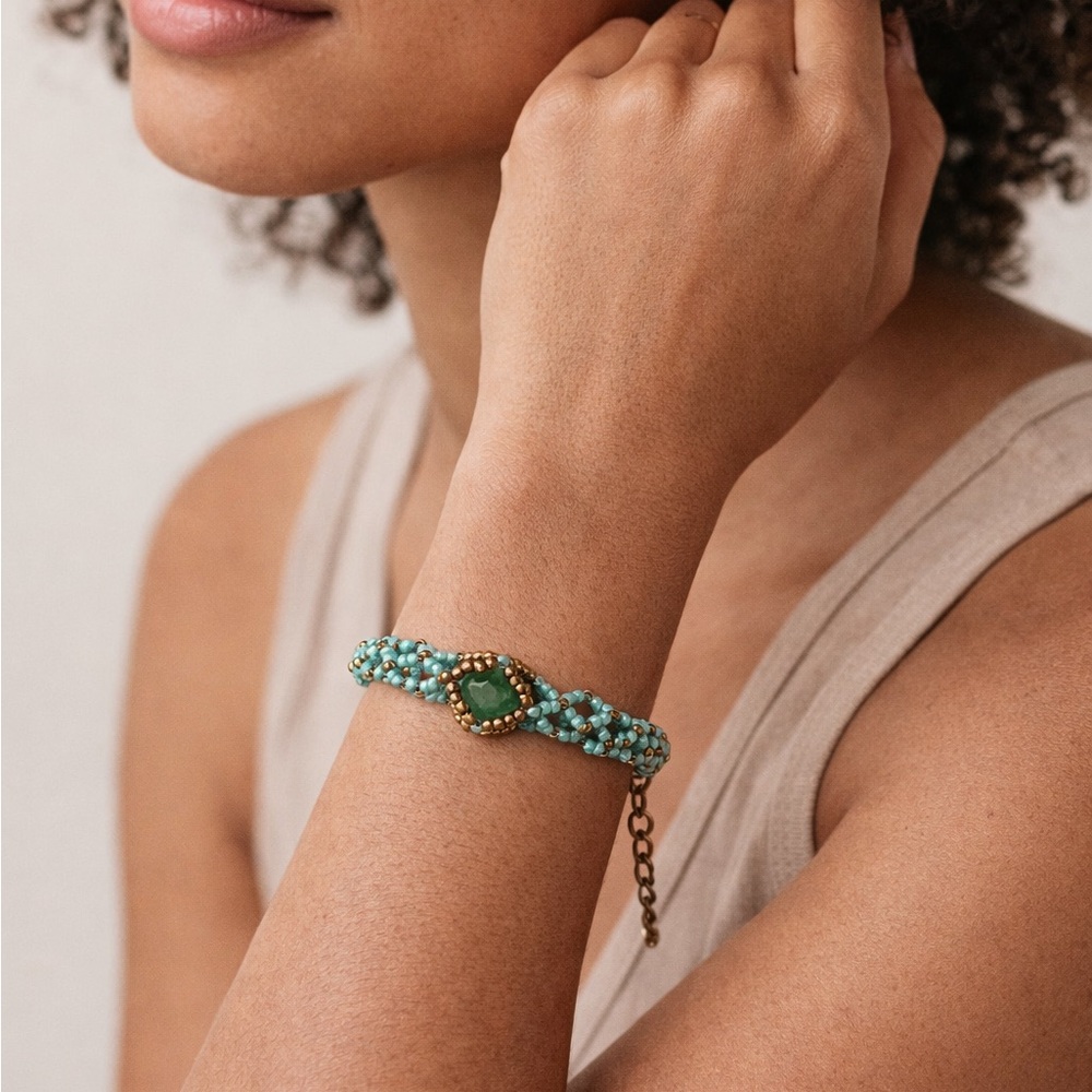 Hand Crafted Turquoise and Bronze Beaded Bracelet with Center Gemstone